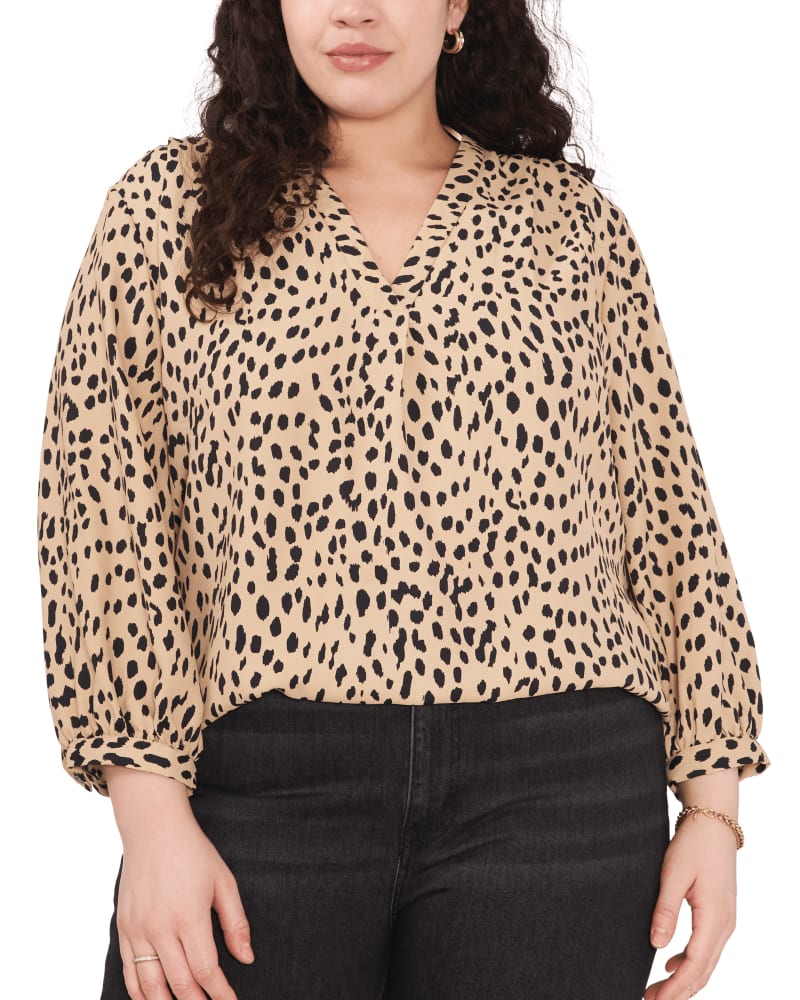 Front of a model wearing a size 1X Brylie Animal Print Blouse in KHAKI HAZE by Vince Camuto. | dia_product_style_image_id:261327